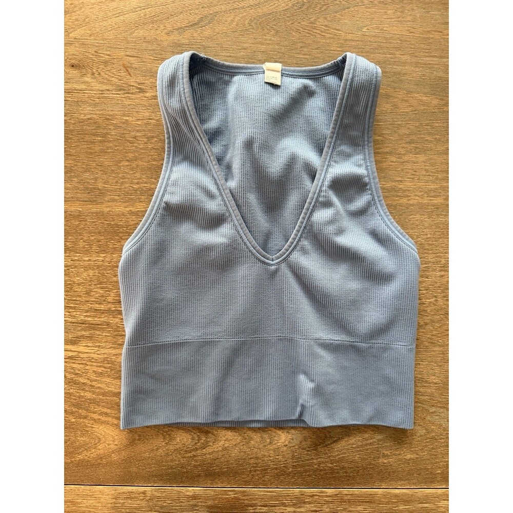 Athleta V Neck Ribbed Crop Athletic Top Blue XS Lined Stretch Activewear